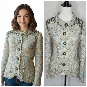 BCBGMaxazria Knit Button-Up Sweater Beaded Shoulders Women's Size Medium